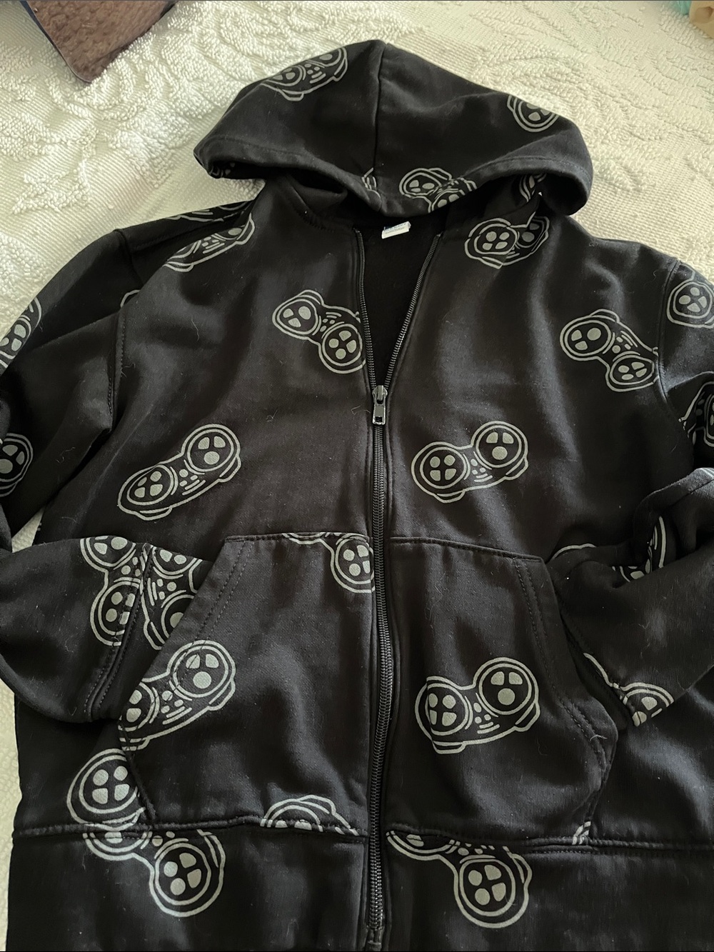 Old Navy Black Zip-Up Hoodie with Gray Game Controller Print